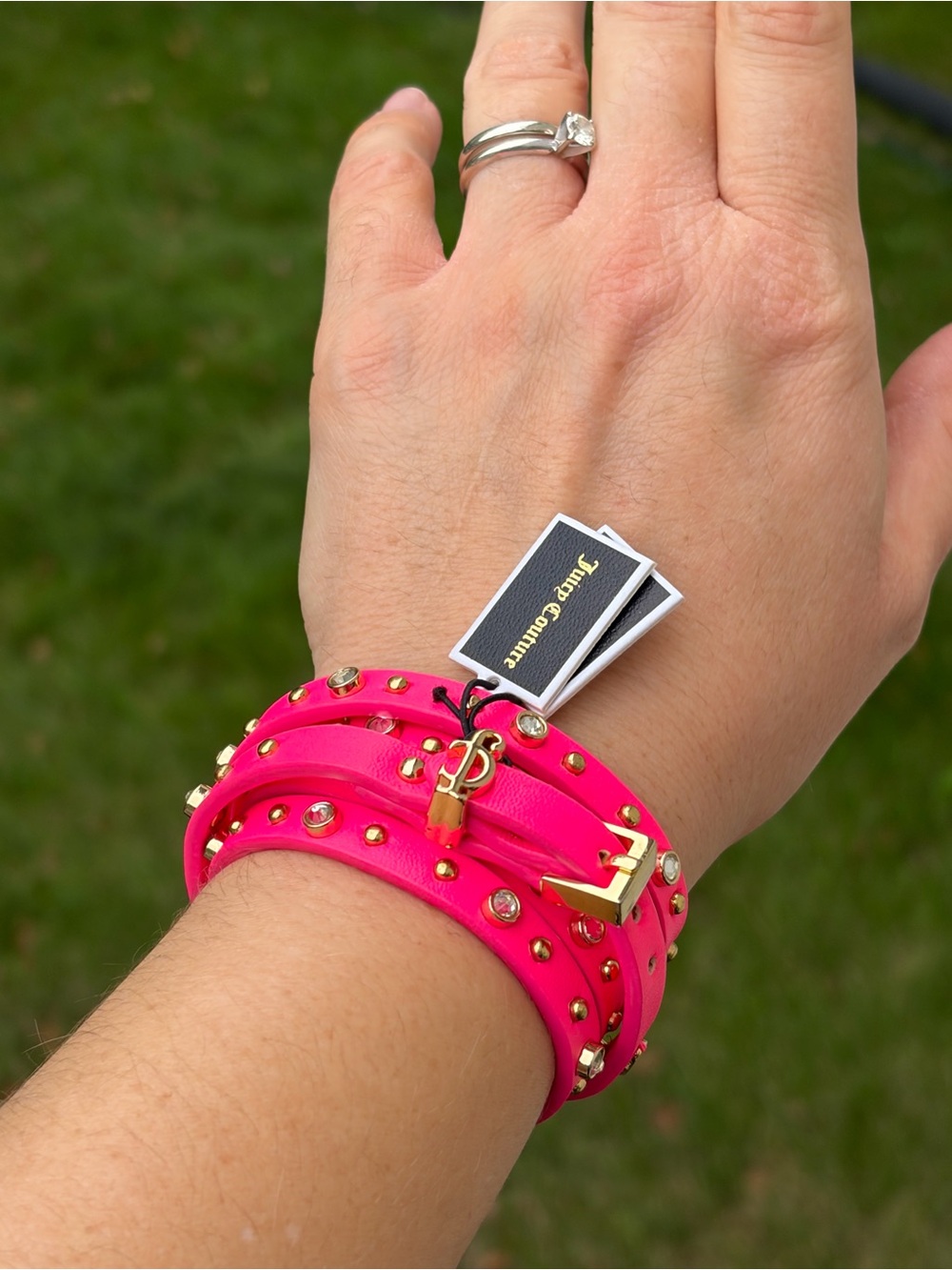 NWT Juicy Couture Hot Pink Wrap Belt Bracelet- Gold Studded, CZ & Crown Logo